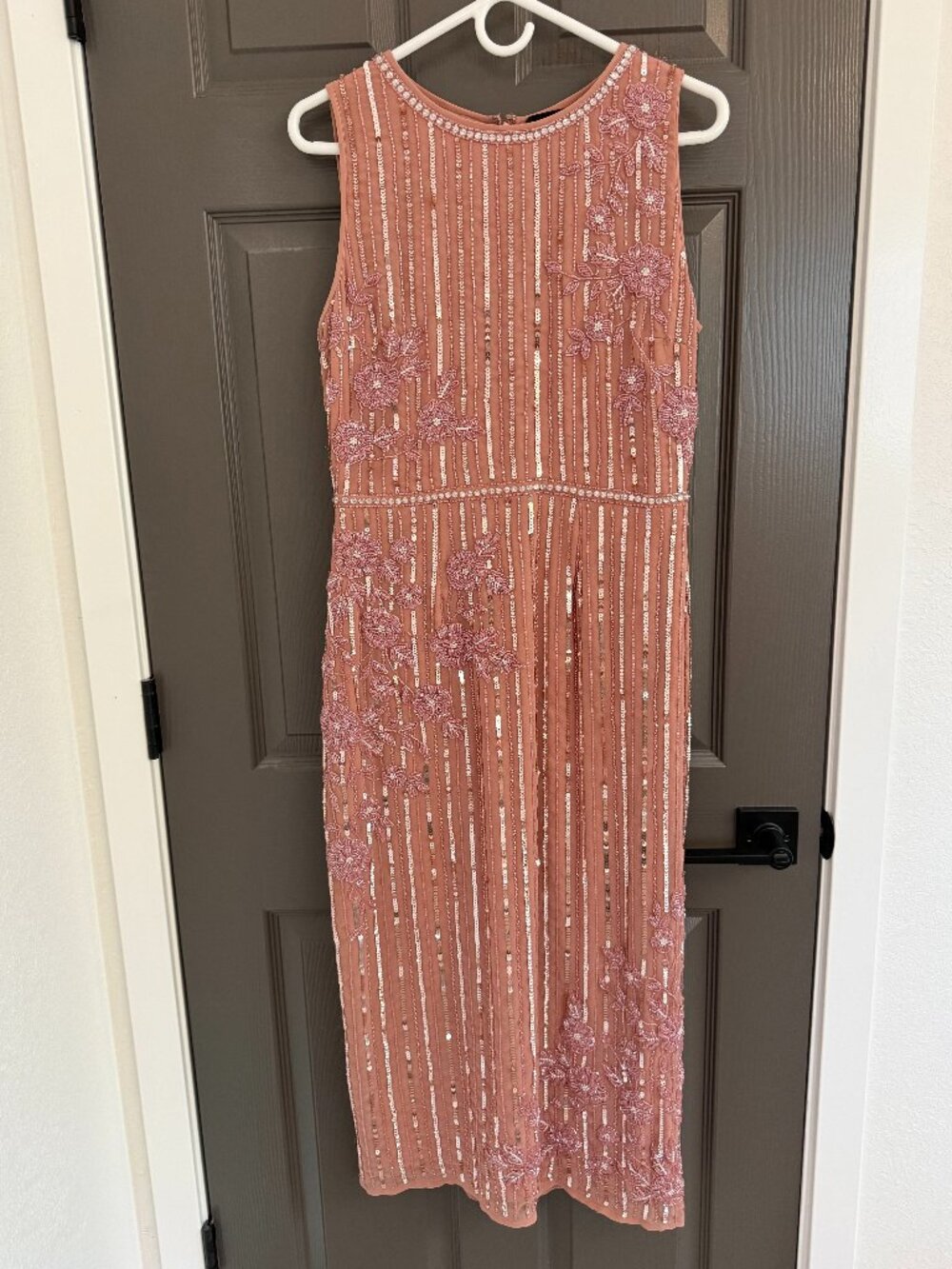 Mac Duggal - Dusty Rose Beaded Sequin Floral Midi Dress - Size 10